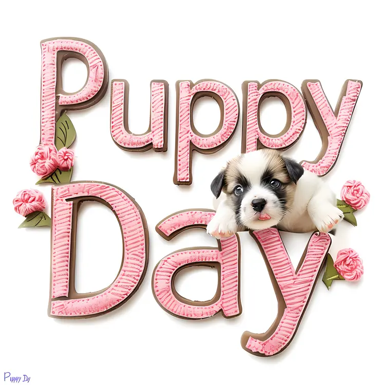 Puppy with Pink Floral Letters for Puppy Day