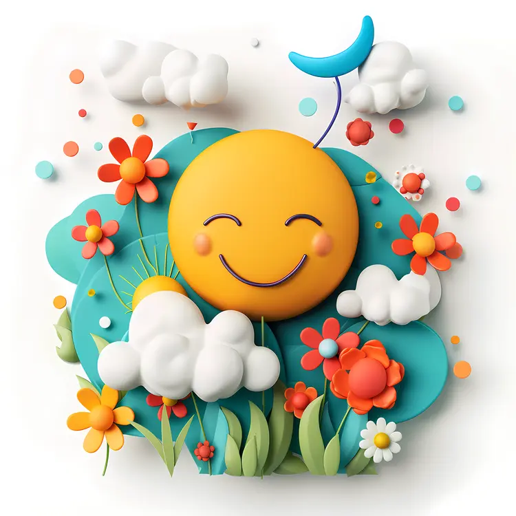Happy Sun with Flowers and Clouds