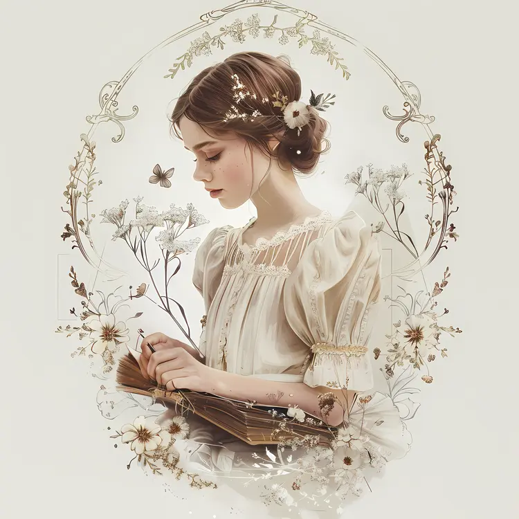 Vintage Girl Reading with Flowers