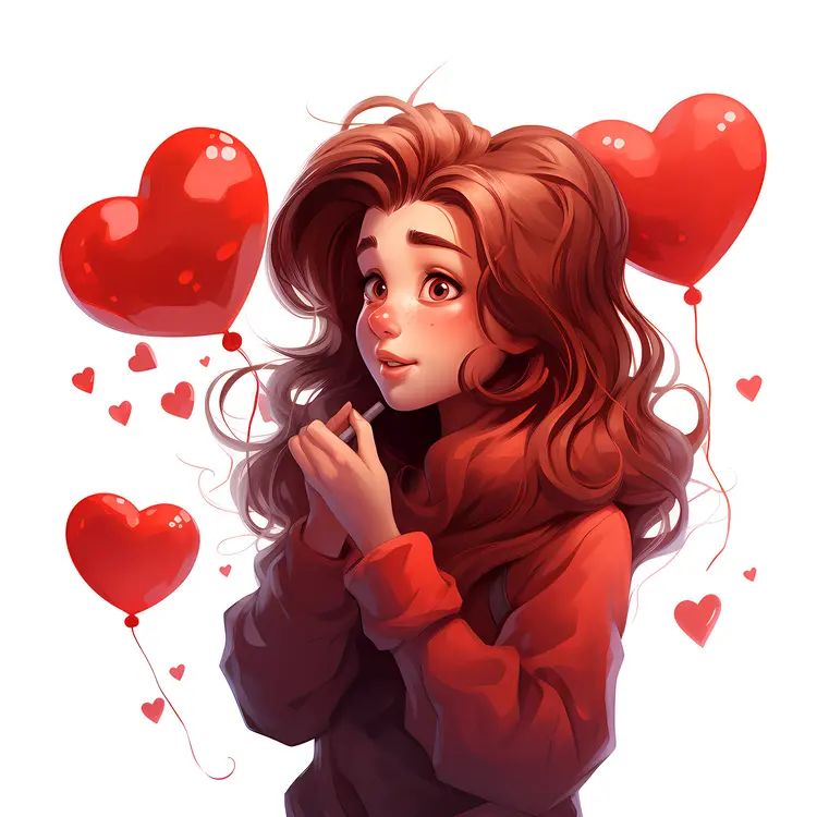 Girl Surrounded by Red Heart Balloons