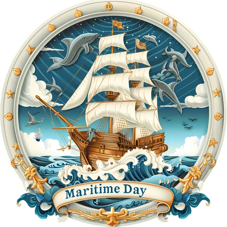 Sailing Ship with Dolphins for Maritime Day