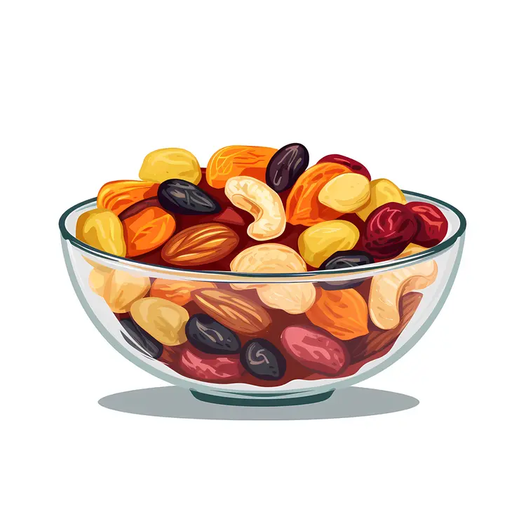 Illustration of Mixed Nuts and Dried Fruits in a Glass Bowl