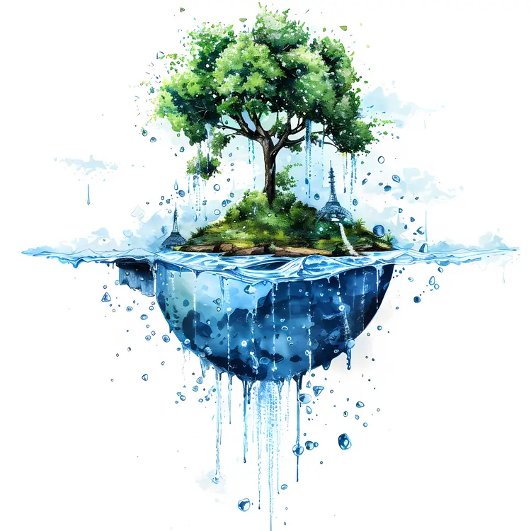 Tree on Floating Island with Water Illustration