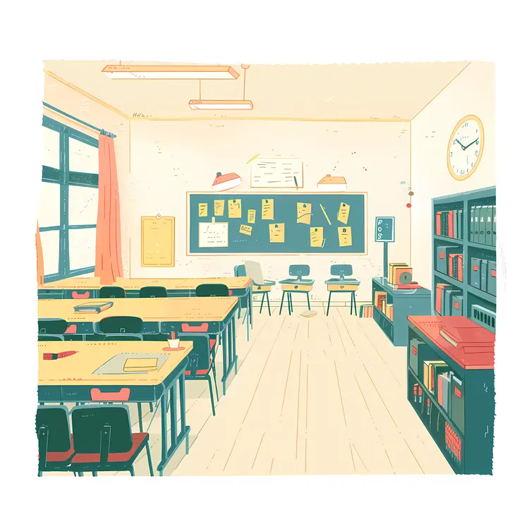 Empty Classroom with Desks and Chairs