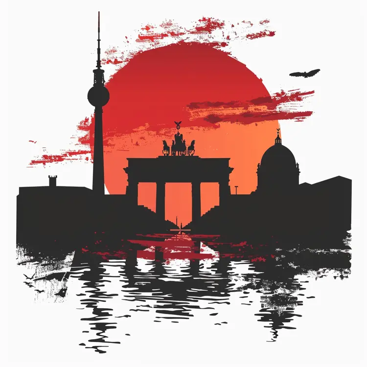 Berlin Skyline with Red Sun