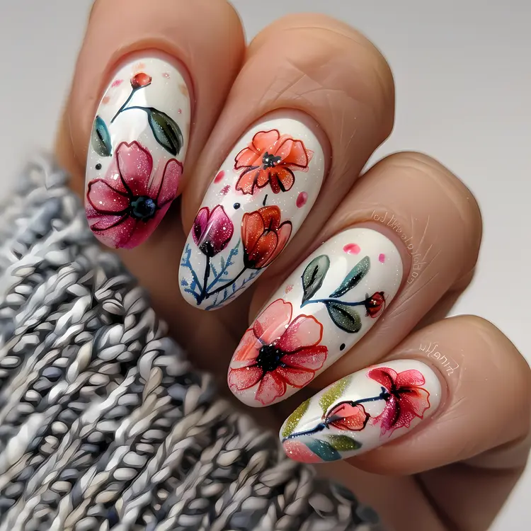 Elegant Floral Nail Art with Colorful Flowers
