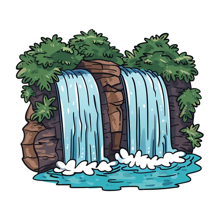 Cartoon Double Waterfall with Greenery