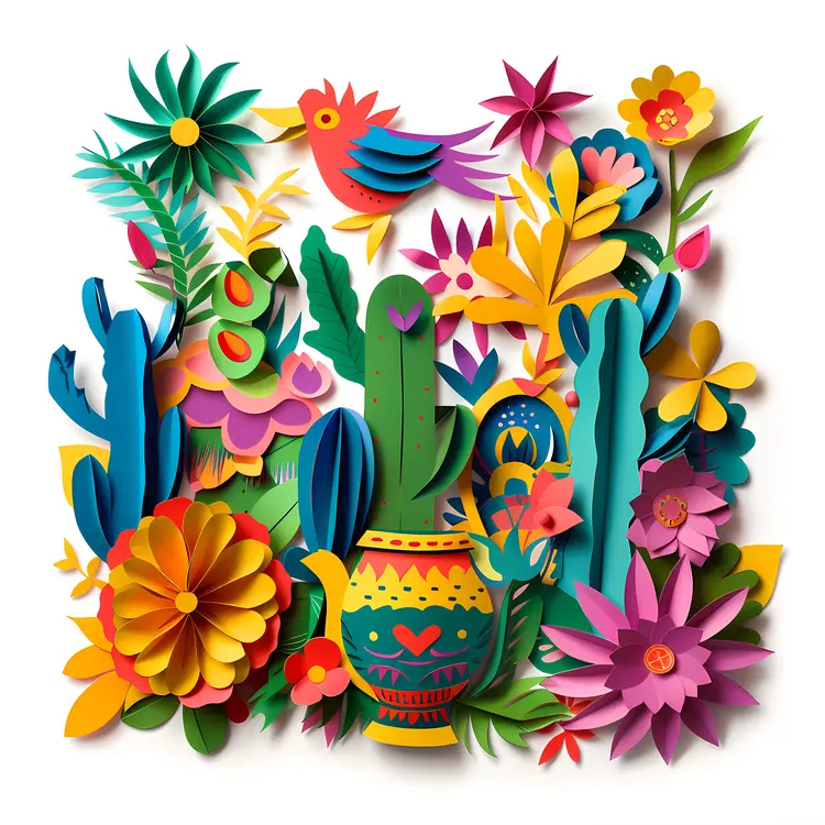 Cactus and Flowers with Bird and Vase