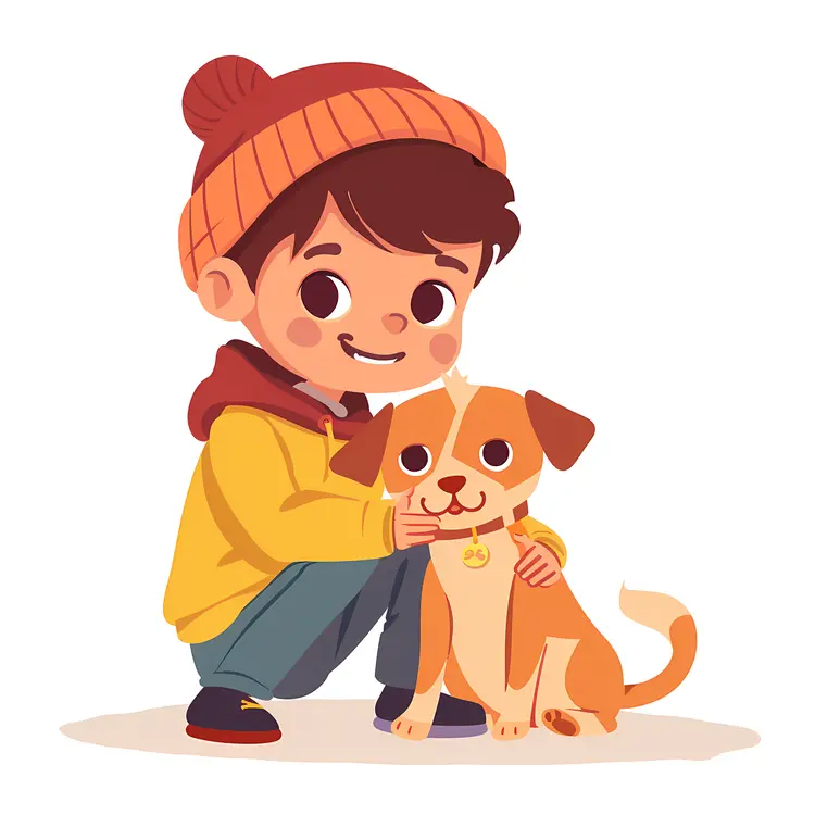 Boy with Dog in Winter Clothes Illustration
