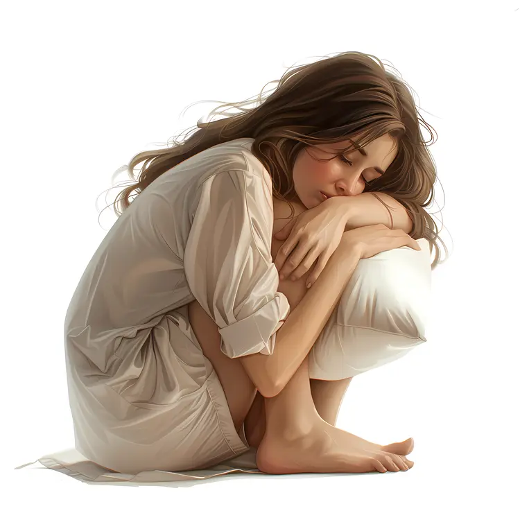 Sleeping Woman Curled Up with Pillow