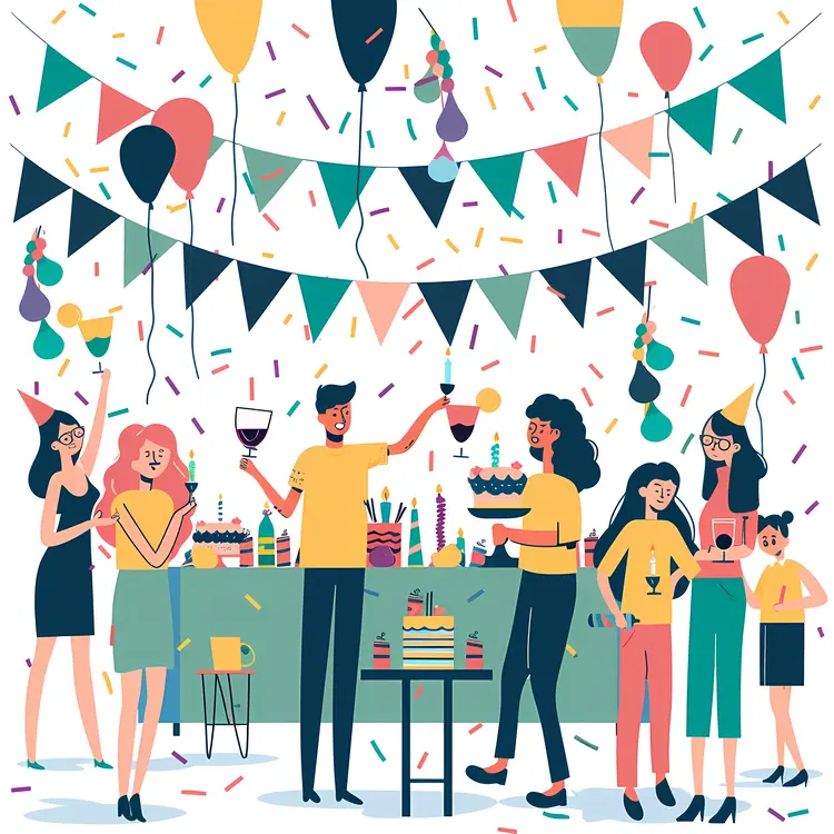 Group of Friends Celebrating Birthday Party with Cake and Balloons
