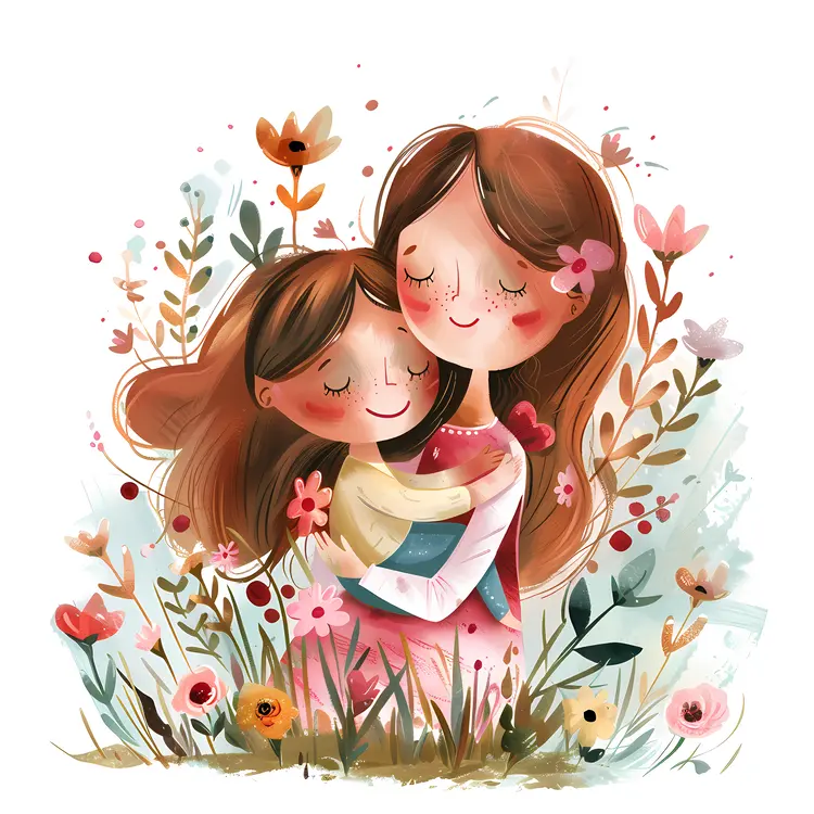 Mother and Daughter Hugging in a Flower Field
