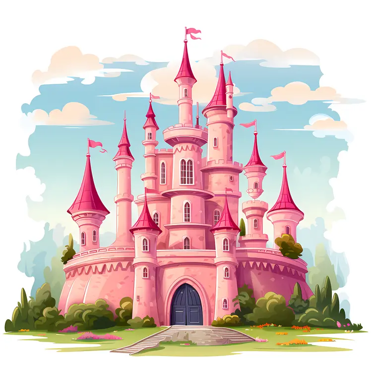 Pink Fantasy Castle with Turrets and Flags