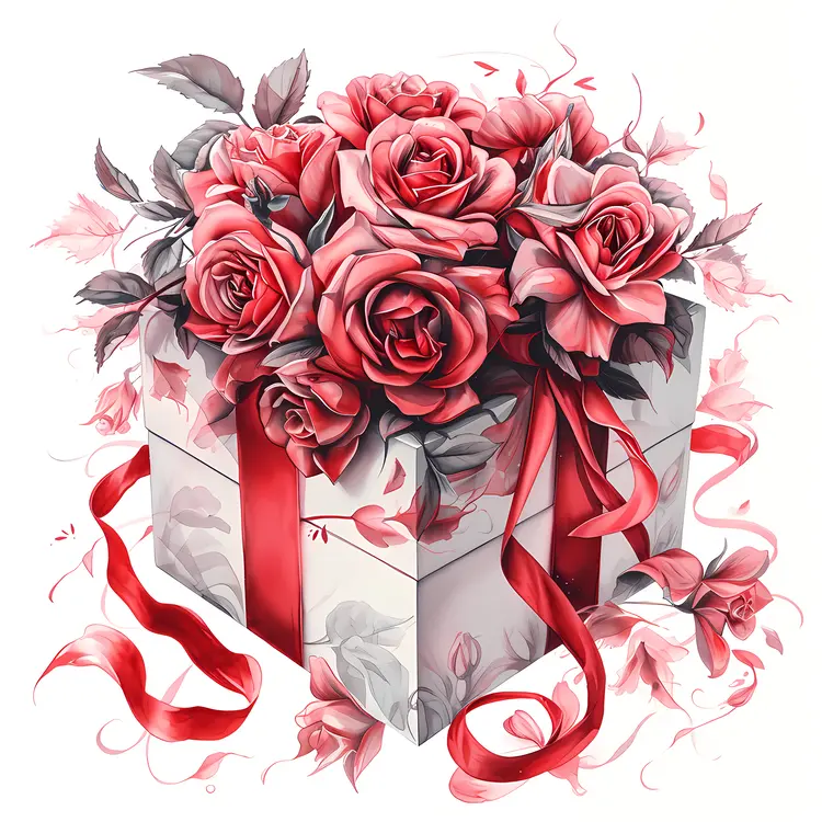 Gift Box with Red Roses for Valentine's Day