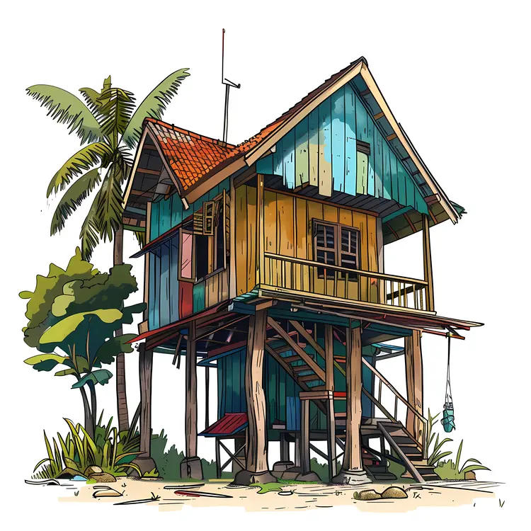 Wooden Stilt House with Palm Tree