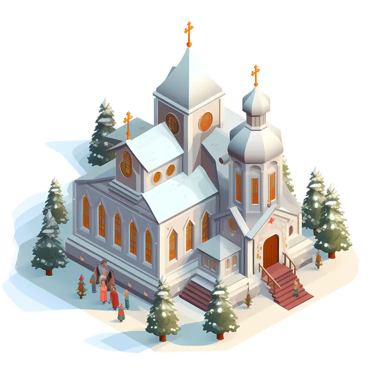 Snowy Orthodox Church with People