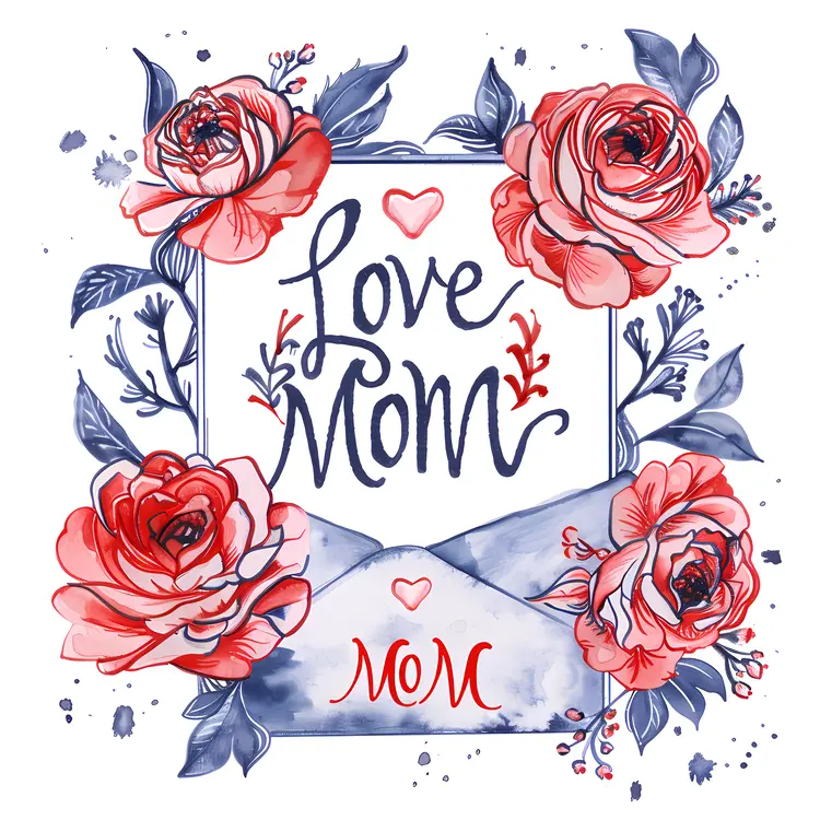 Love Mom with Roses and Envelope