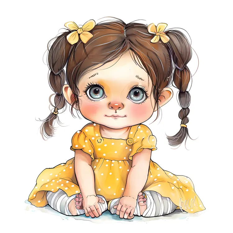 Baby in Yellow Dress with Pigtails