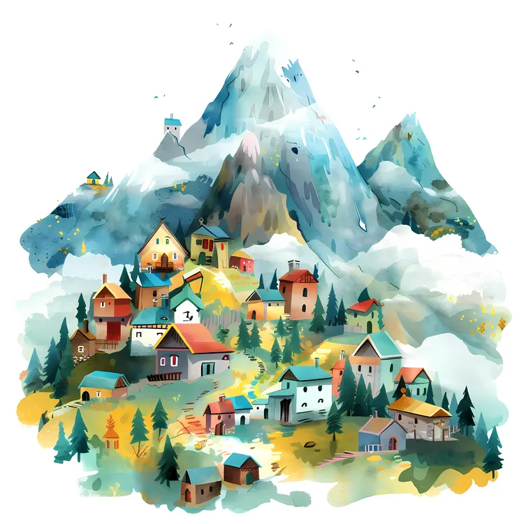 Colorful Mountain Village Illustration