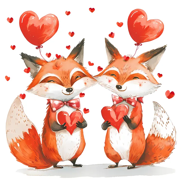 Fox Couple Holding Heart Balloons