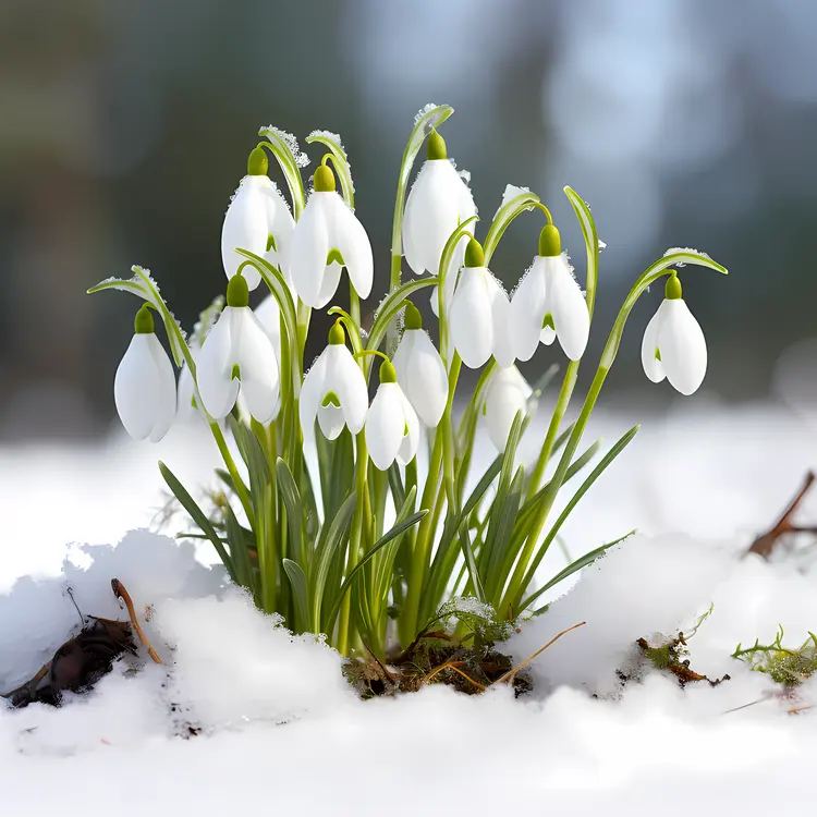 White Snowdrops in Winter Snow