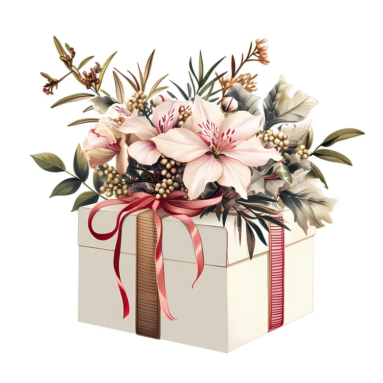 Gift Box with Flowers and Pink Ribbon