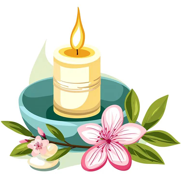 Single Candle with Flower and Leaves