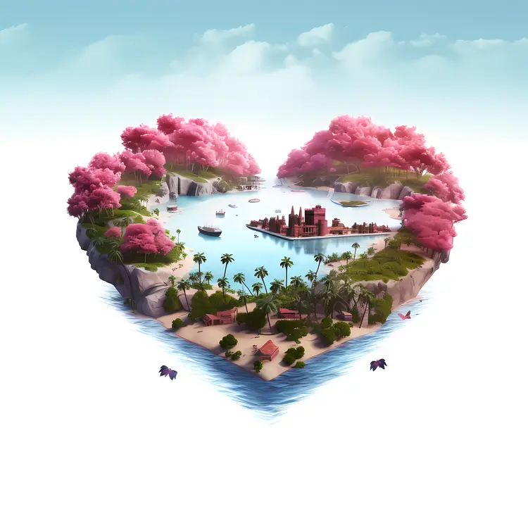 Heart-shaped Island with Pink Trees