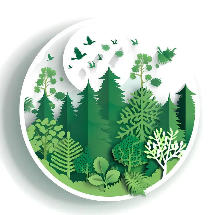 Paper Art Green Forest with Birds