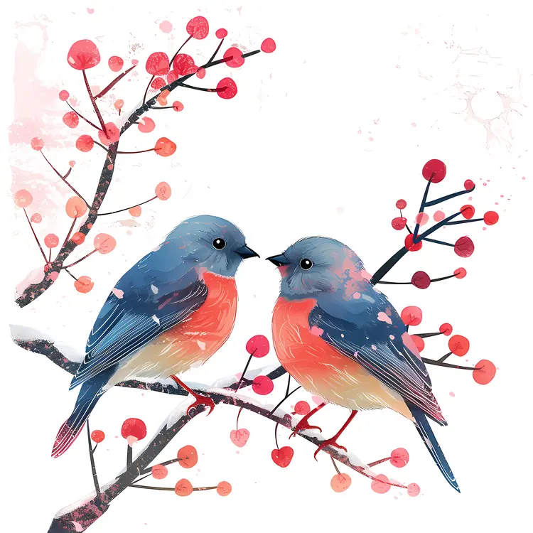 Two Birds on a Branch with Berries