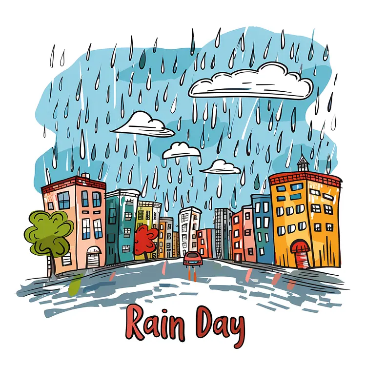 Colorful Rain Day Illustration with City Street