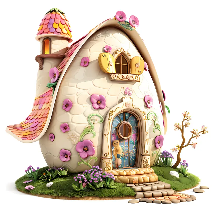 Whimsical House with Flowers and Tree