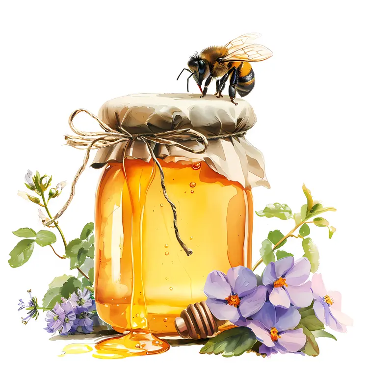 Honey Jar with Bees and Flowers
