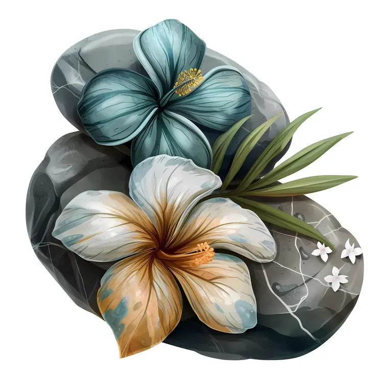Zen Stones with Blue and White Flowers and Leaves