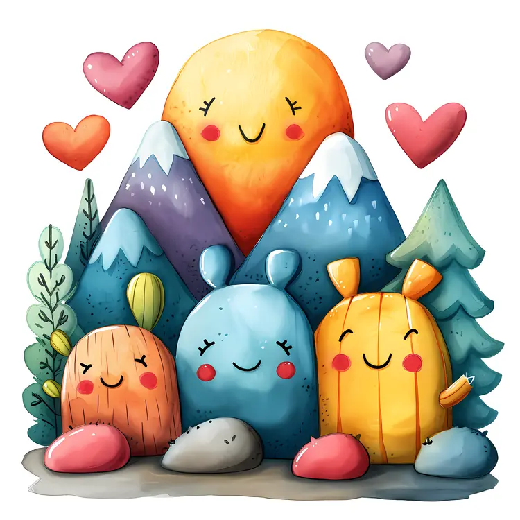 Cute Mountains with Sun and Hearts