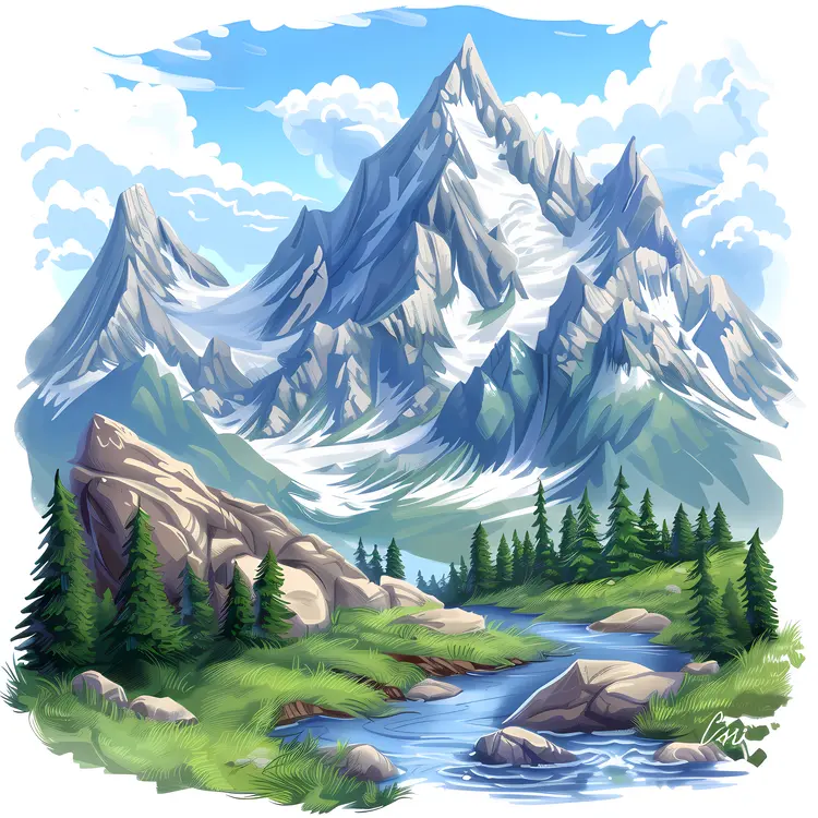 Snowy Mountain Landscape with River and Trees