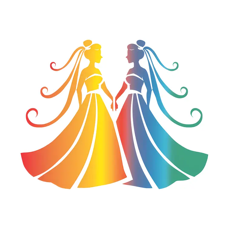 Two women in rainbow dresses