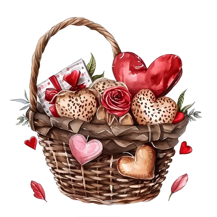 Hearts and Gifts in Wicker Basket for Valentine's Day