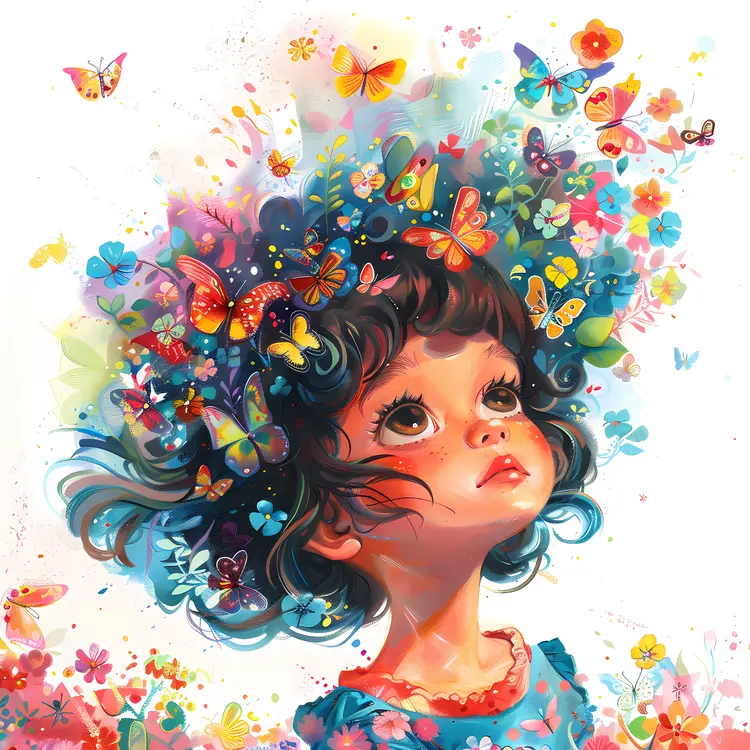 Girl with Butterflies and Flowers