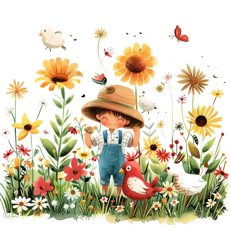 Boy with Animals in a Flower Field