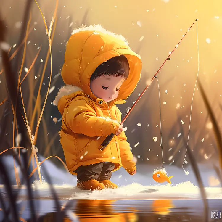 Cute Child Fishing in Snow