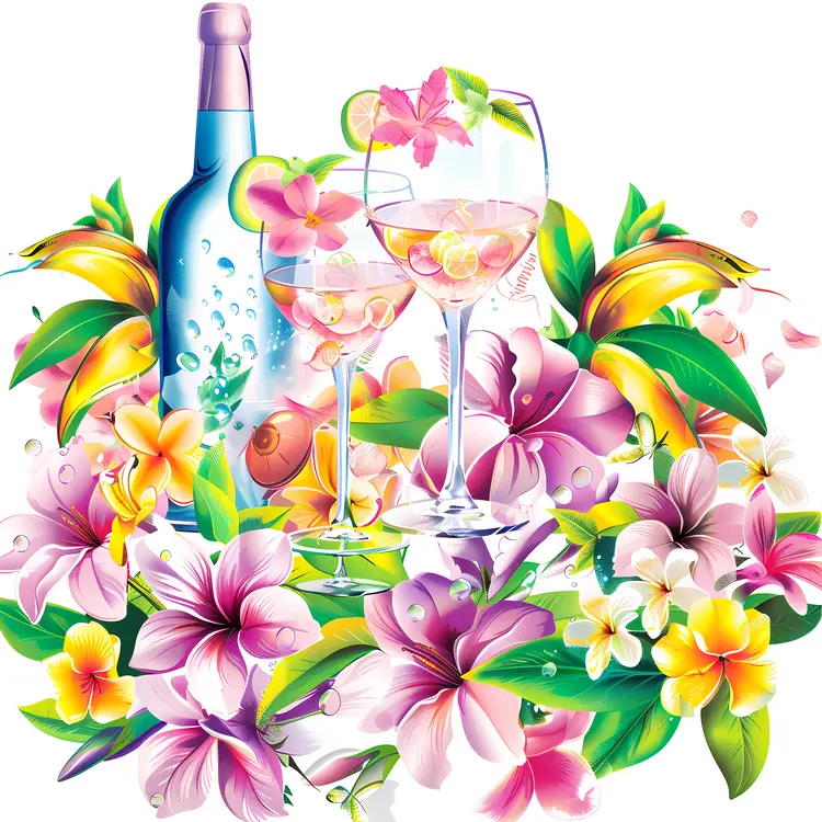 Wine Bottle and Glasses with Tropical Flowers