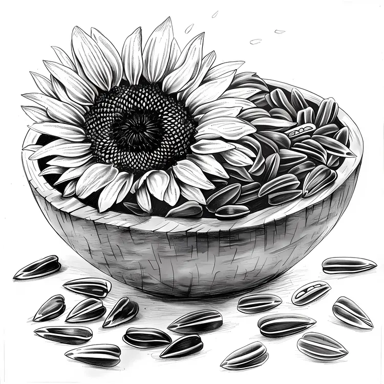 Sunflower and Seeds in a Bowl Illustration
