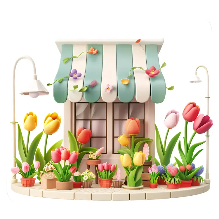 Cute Flower Shop with Tulips and Pots