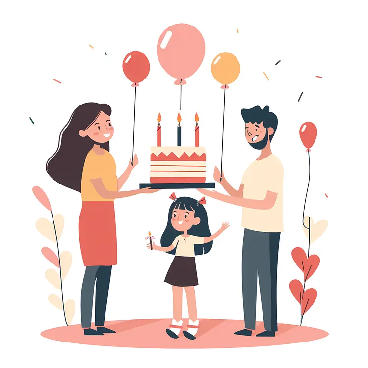 Family Celebrating with Birthday Cake and Balloons