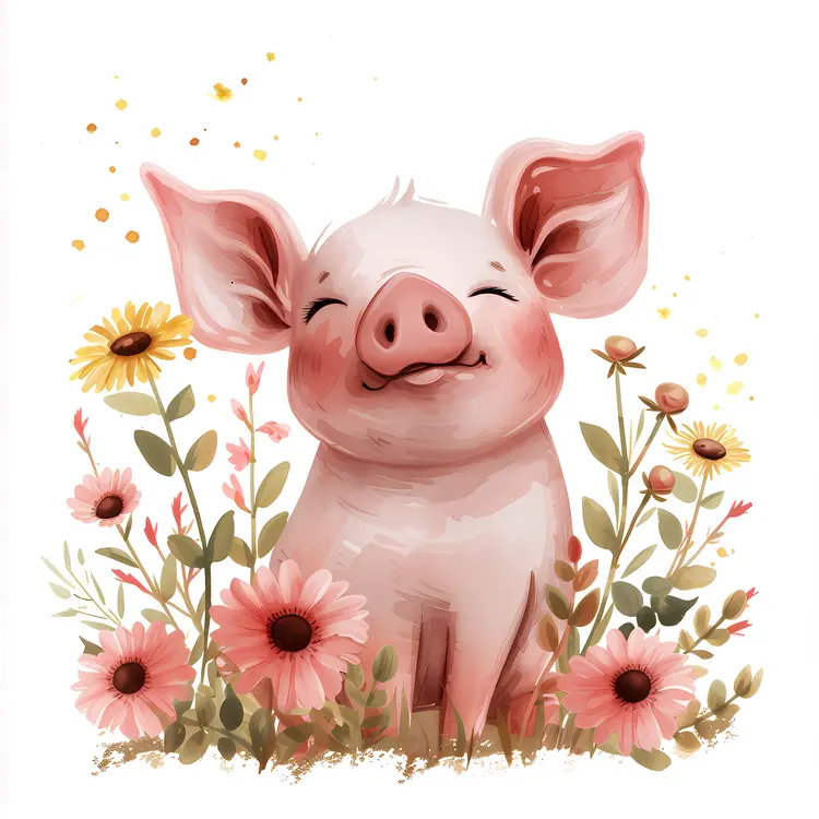 Happy Piglet with Flowers