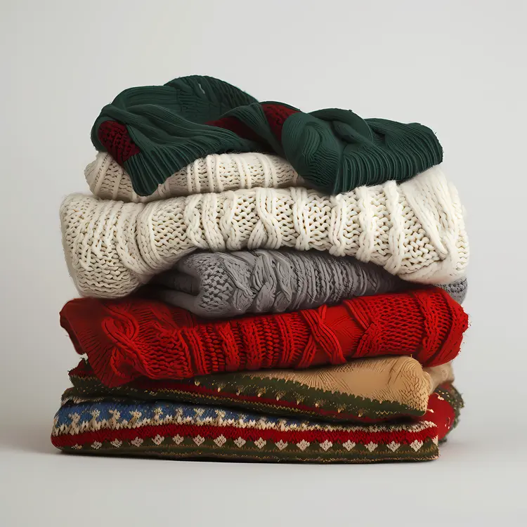 Stack of Cozy Sweaters in Neutral and Red Tones