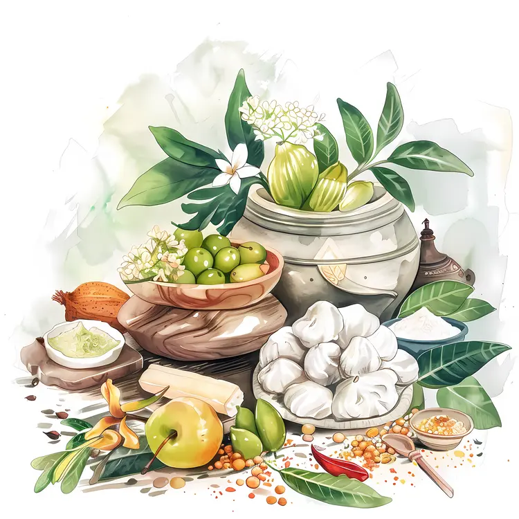Traditional Ingredients with Garlic and Fruits