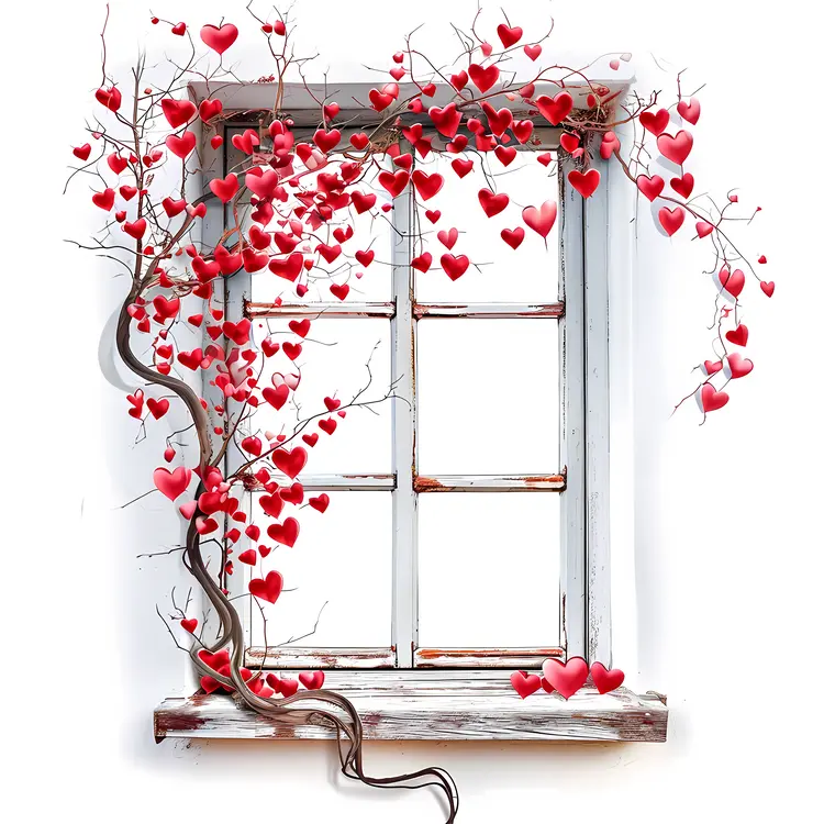 Rustic Window with Red Hearts and Vines