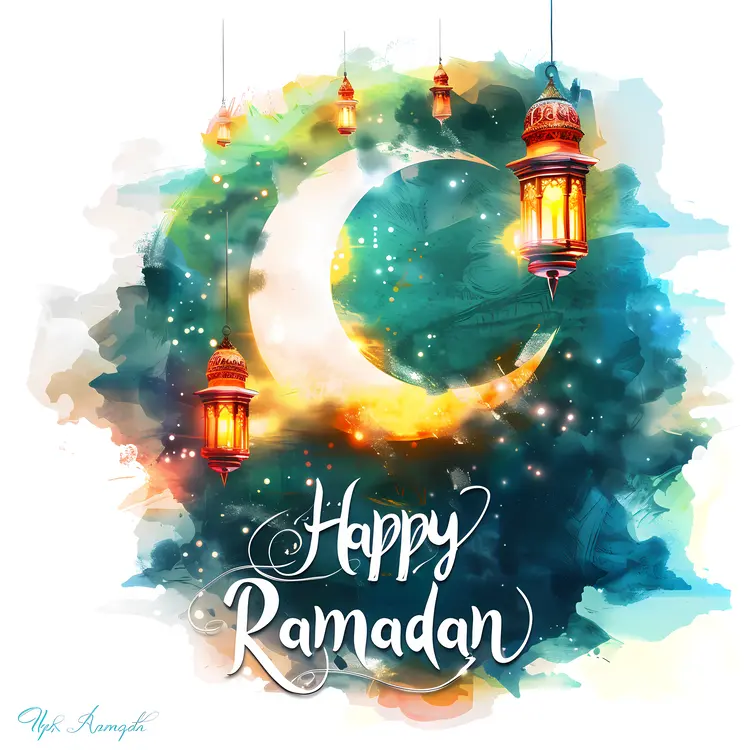 Happy Ramadan with Crescent Moon and Lanterns